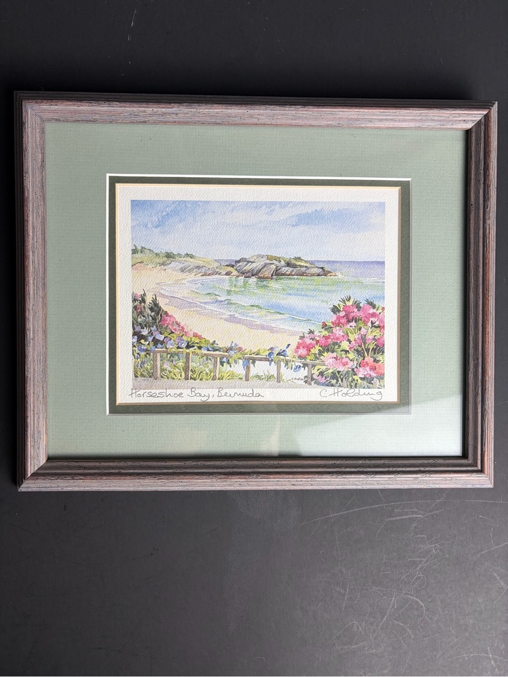 VTG Carole Holding Watercolor Bermuda Horseshoe Bay Print Signed 9x11 Mat Framed